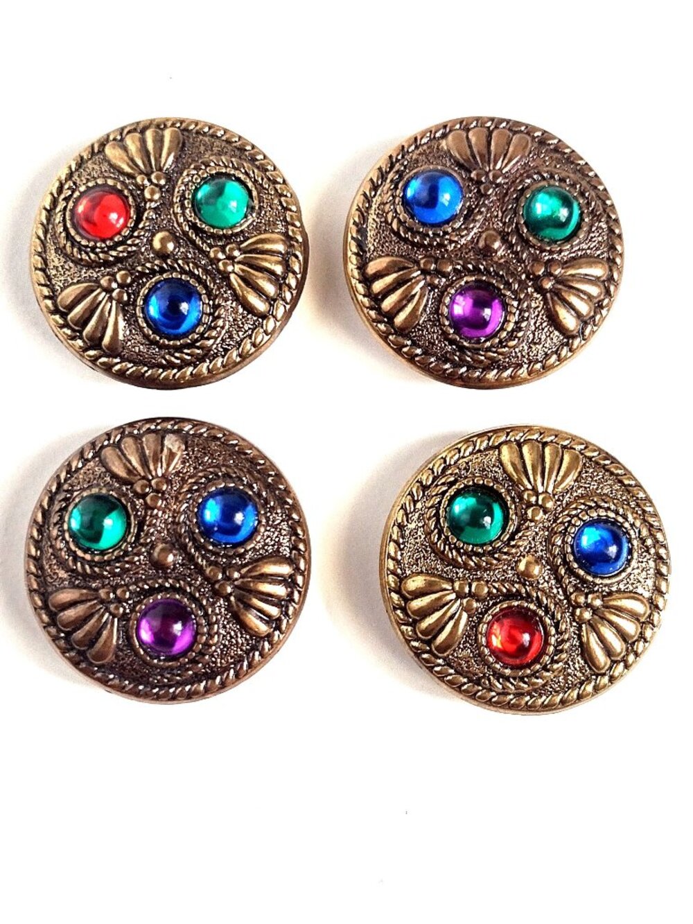 Vintage 80s Round Button Covers Blue Green Red Purple Acrylic Stones Rope Twist